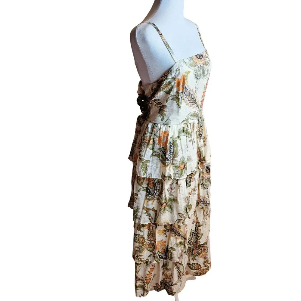 MSK Womens Floral Paisley Tiered Midi Dress Orange Green Smocked Back Large NWT